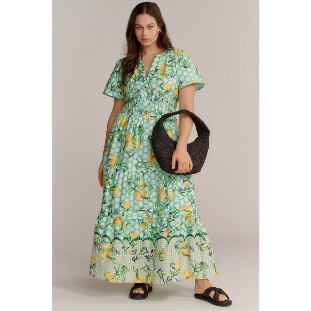 Anthropologie Green and Yellow Floral Somerset Maxi Dress